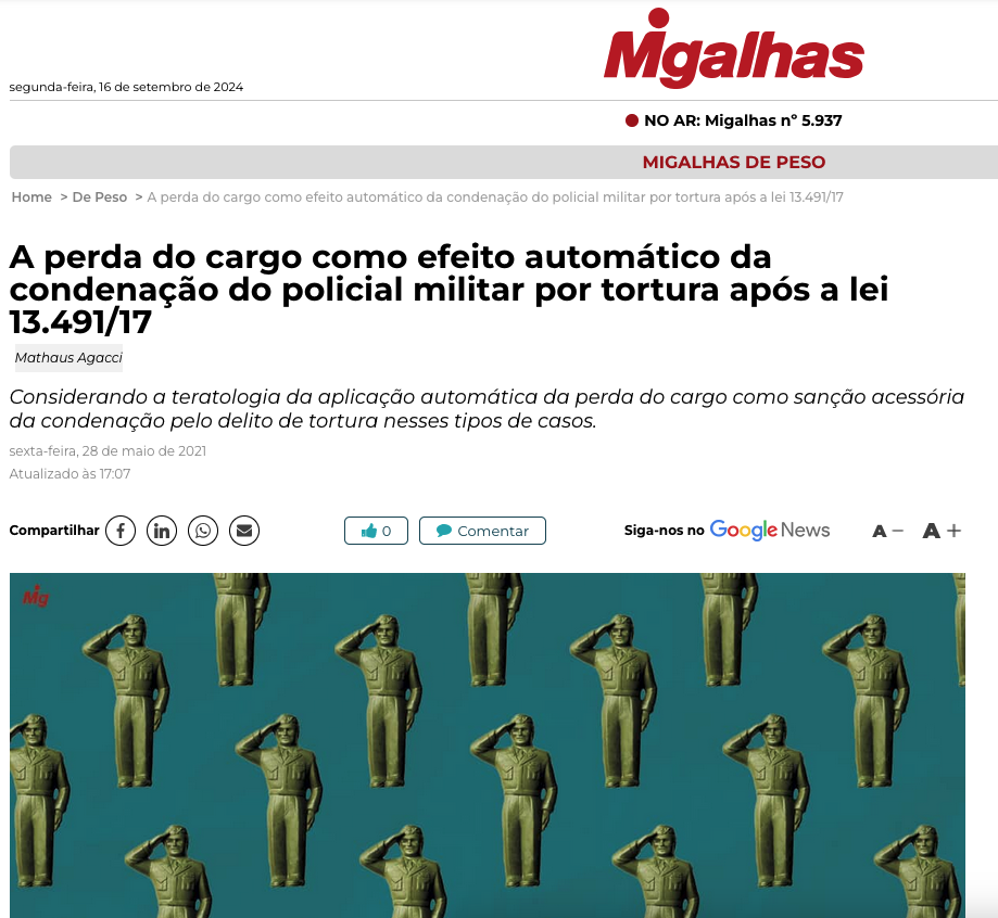 MIGALHAS: A perda do cargo como efeito automático da condenação do policial militar por tortura após a lei 13.491/17