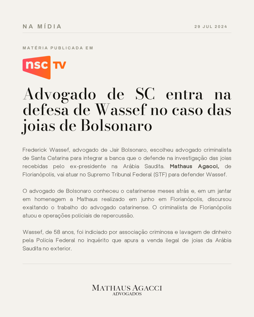 Advogado de SC entra na defesa de Wassef no caso das joias de Bolsonaro